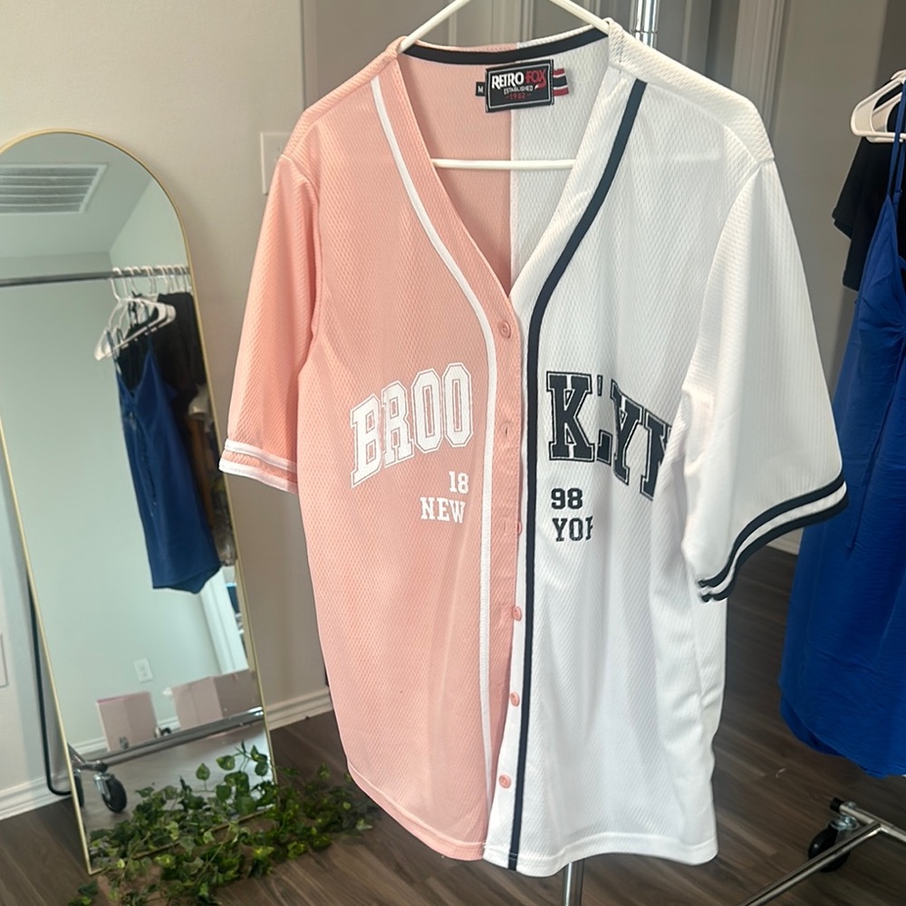 Pink and White Baseball Jersey with Split Design